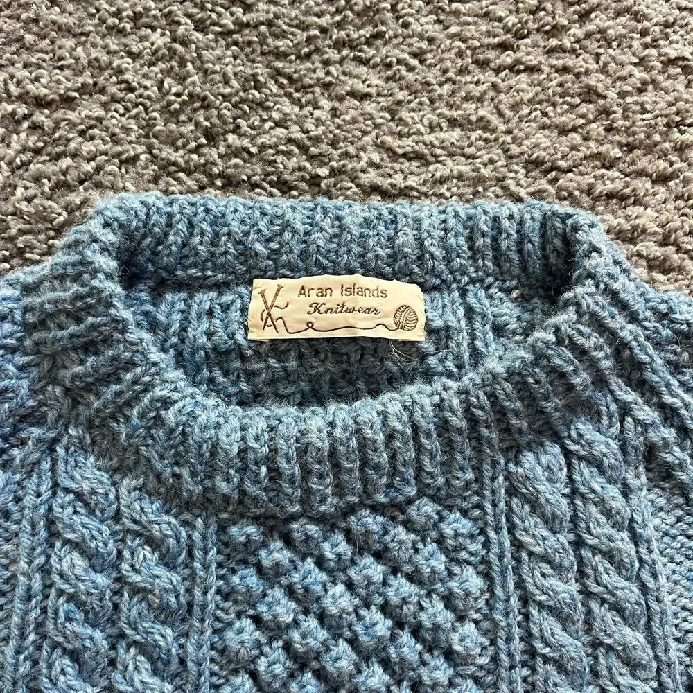 Vintage Aran Islands Knitwear Fisherman Wool Sweater Cable Knit Chunky Blue Sz L